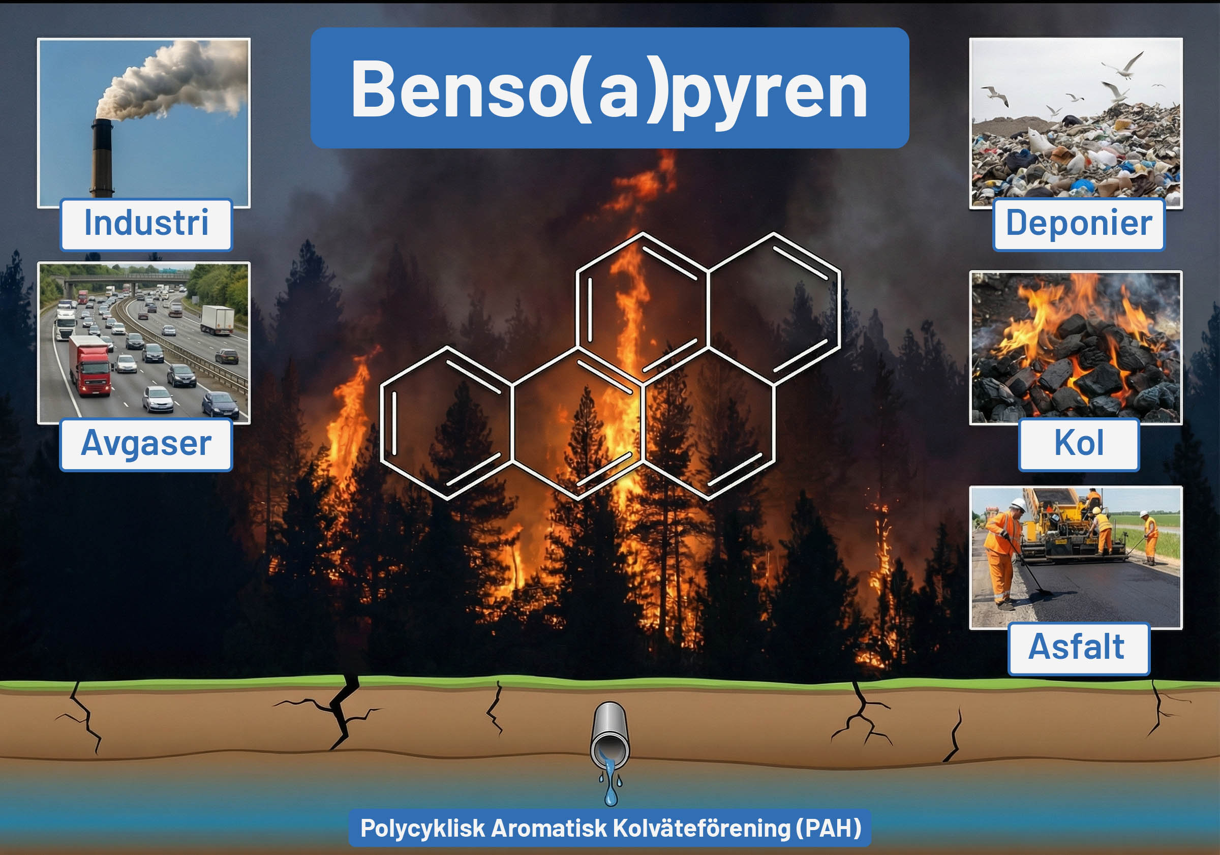 Benso(a)pyren PAH, Orsakas av förbränning av Industri, avgaser, deponier, kol, asfalt