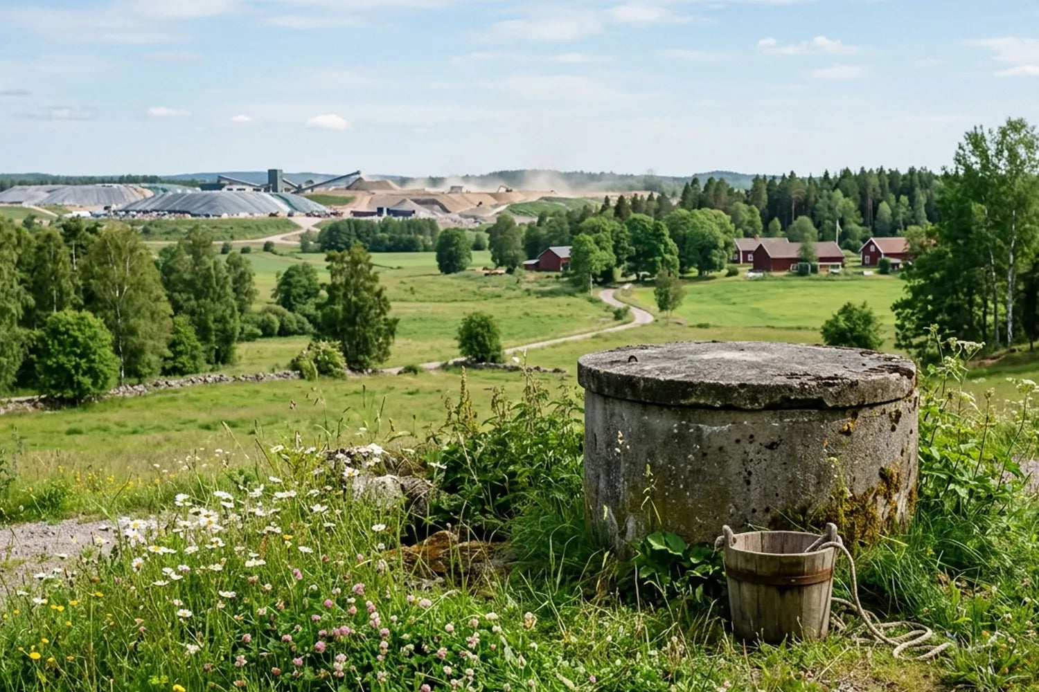 en brunn med en deponi i bakgrunden