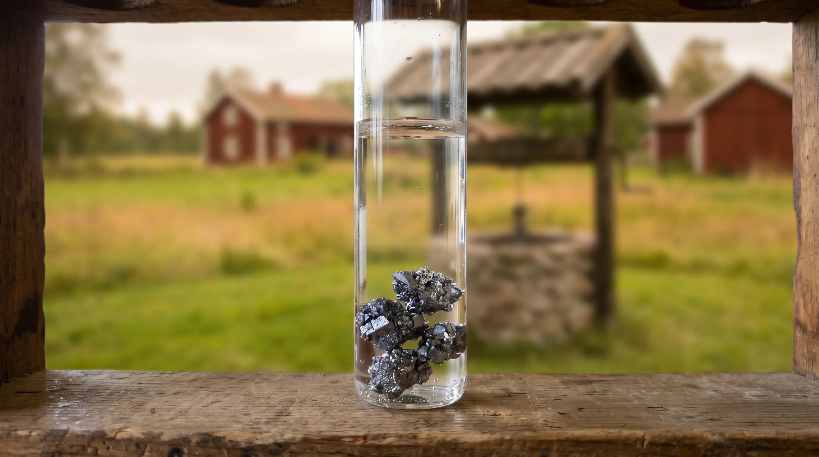 Arsenik i ett glas, en brunn i bakgrunden