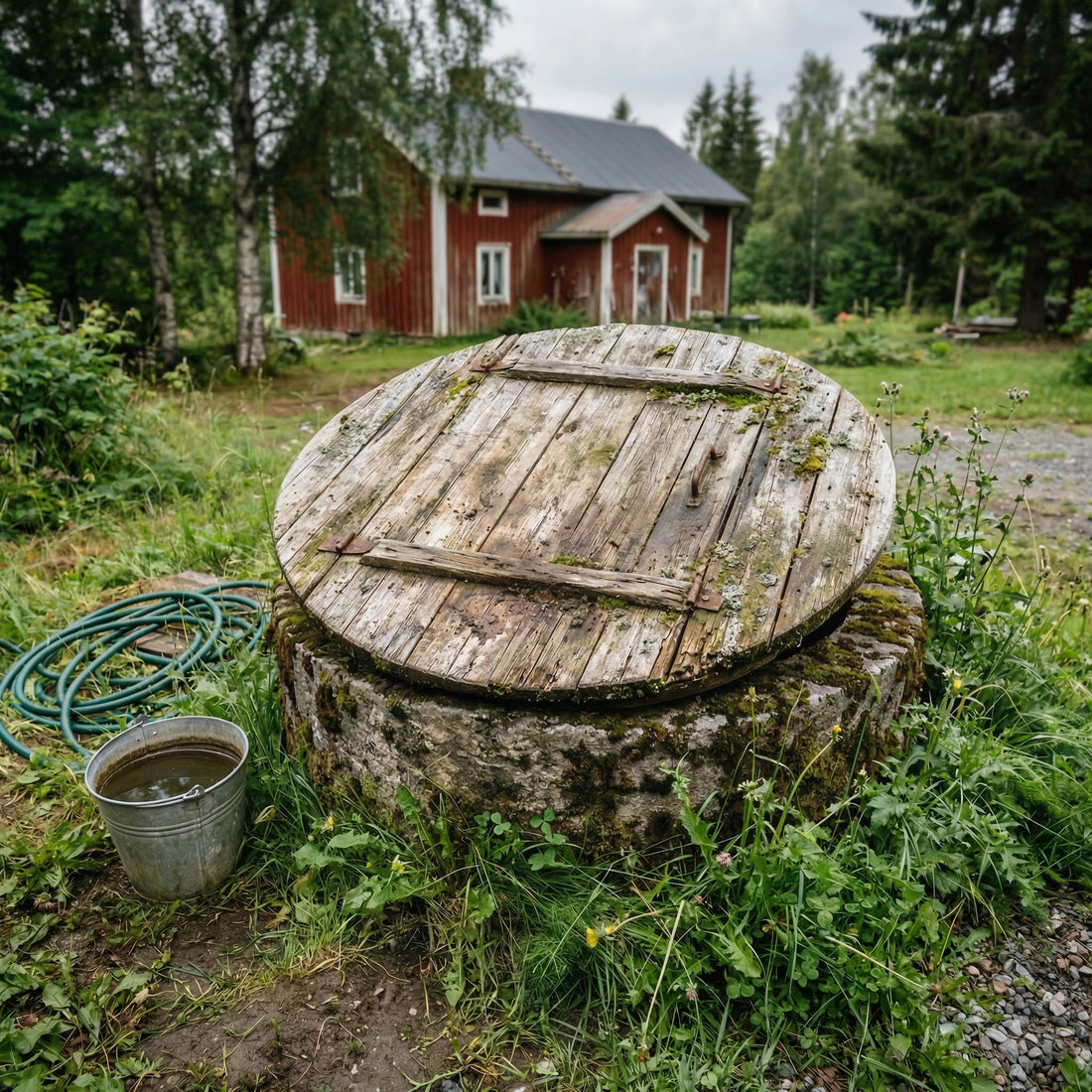 En brunn trälock vid en sommarstuga