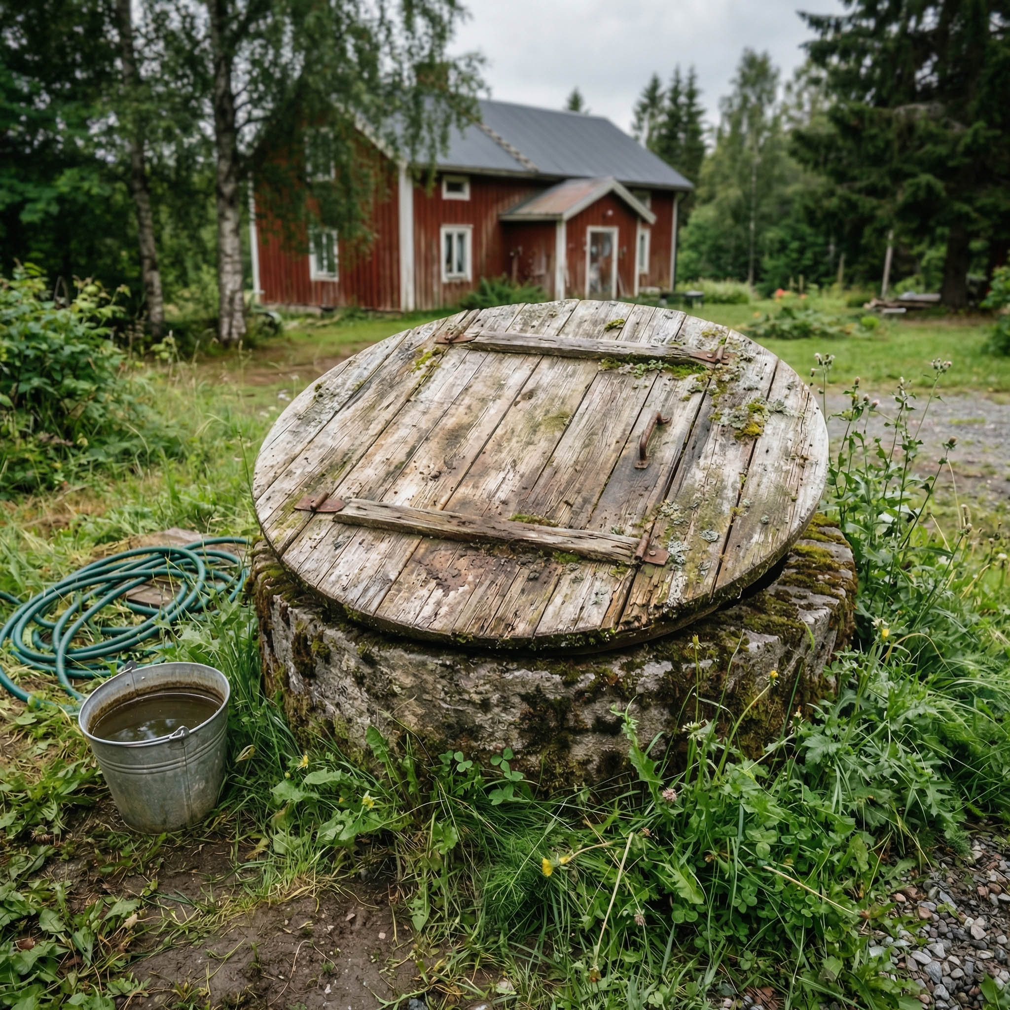 En brunn trälock vid en sommarstuga