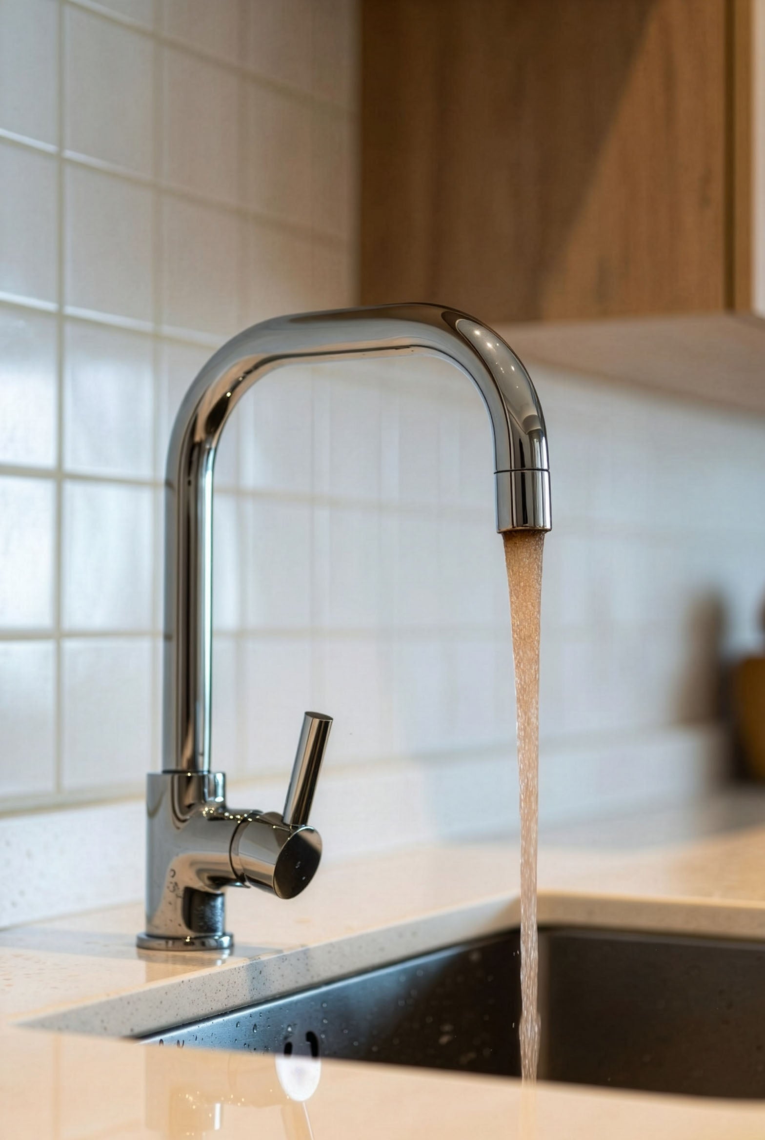 Kran spolar brunt missfärgat vatten