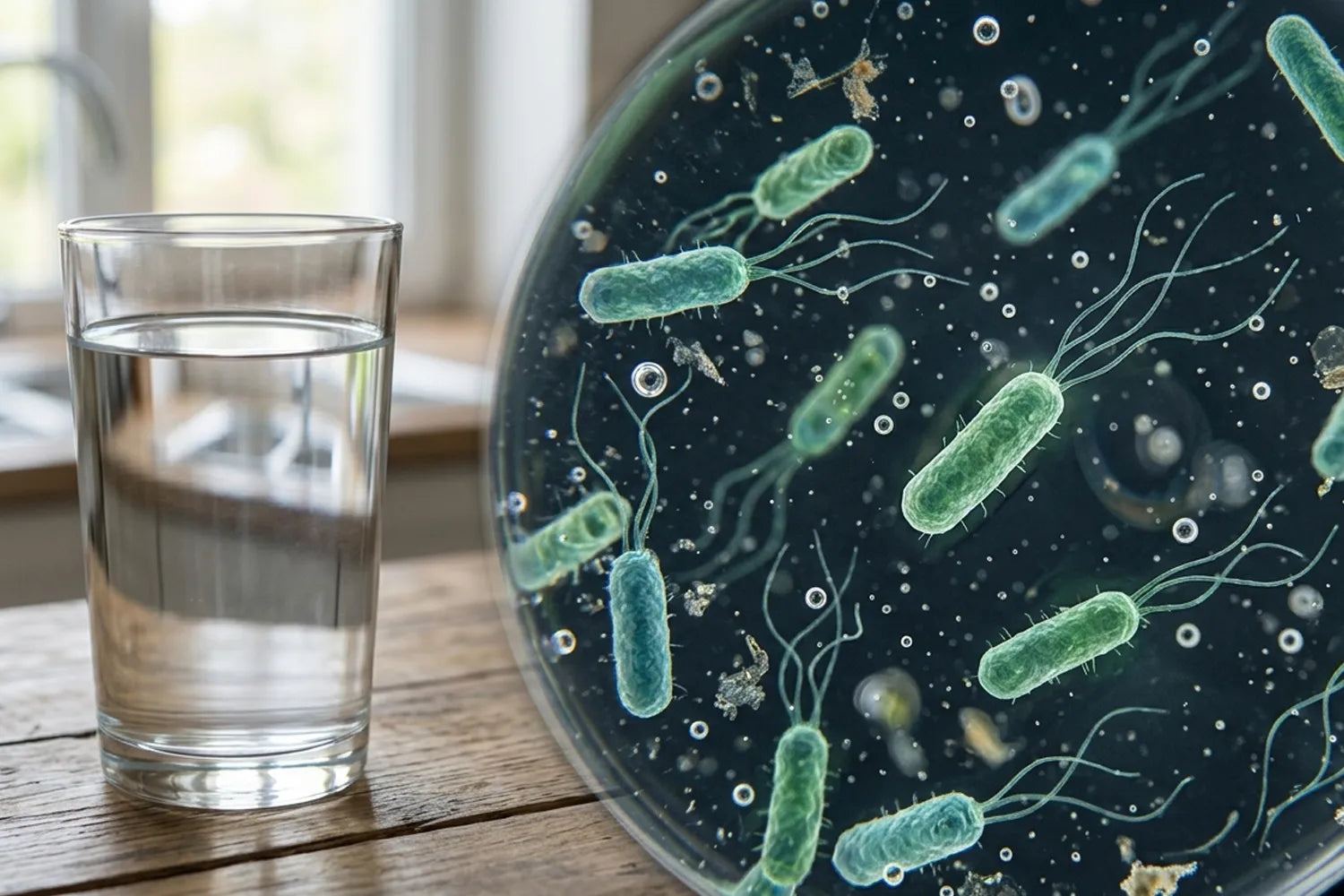 Ett glas vatten tillsammans med e.coli bakterier