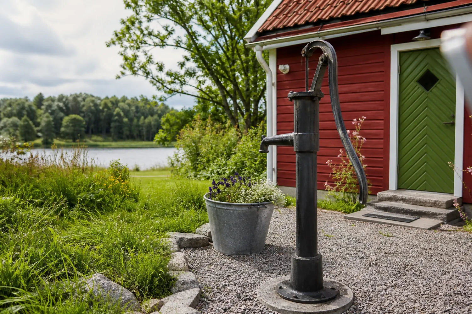 svart brunnspump vid sommarstuga, sjö i bakgrunden