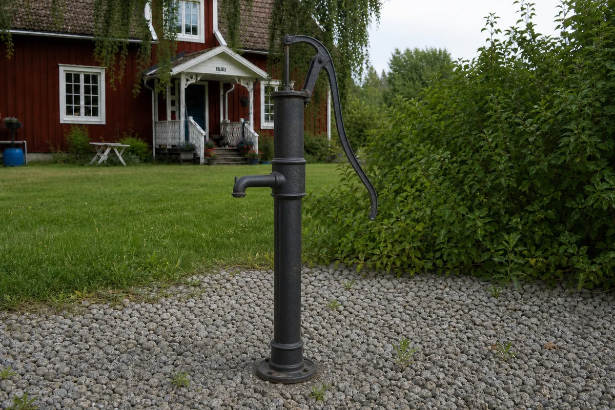brunnspump framför sommarstuga