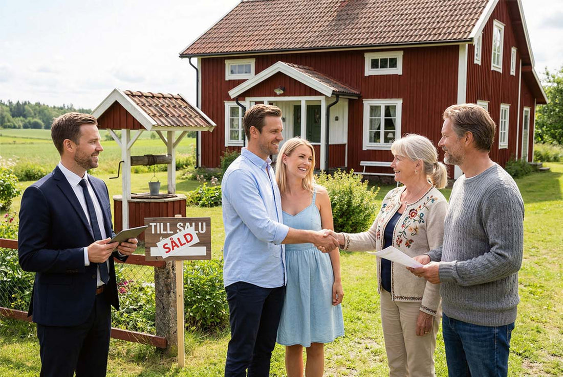 Två par är överens om husköp, mäklare står bredvid