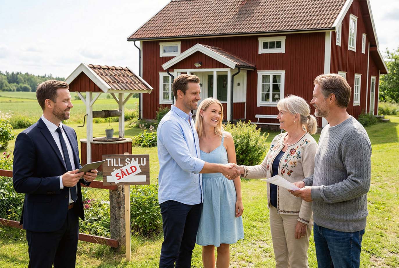 Två par är överens om husköp, mäklare står bredvid