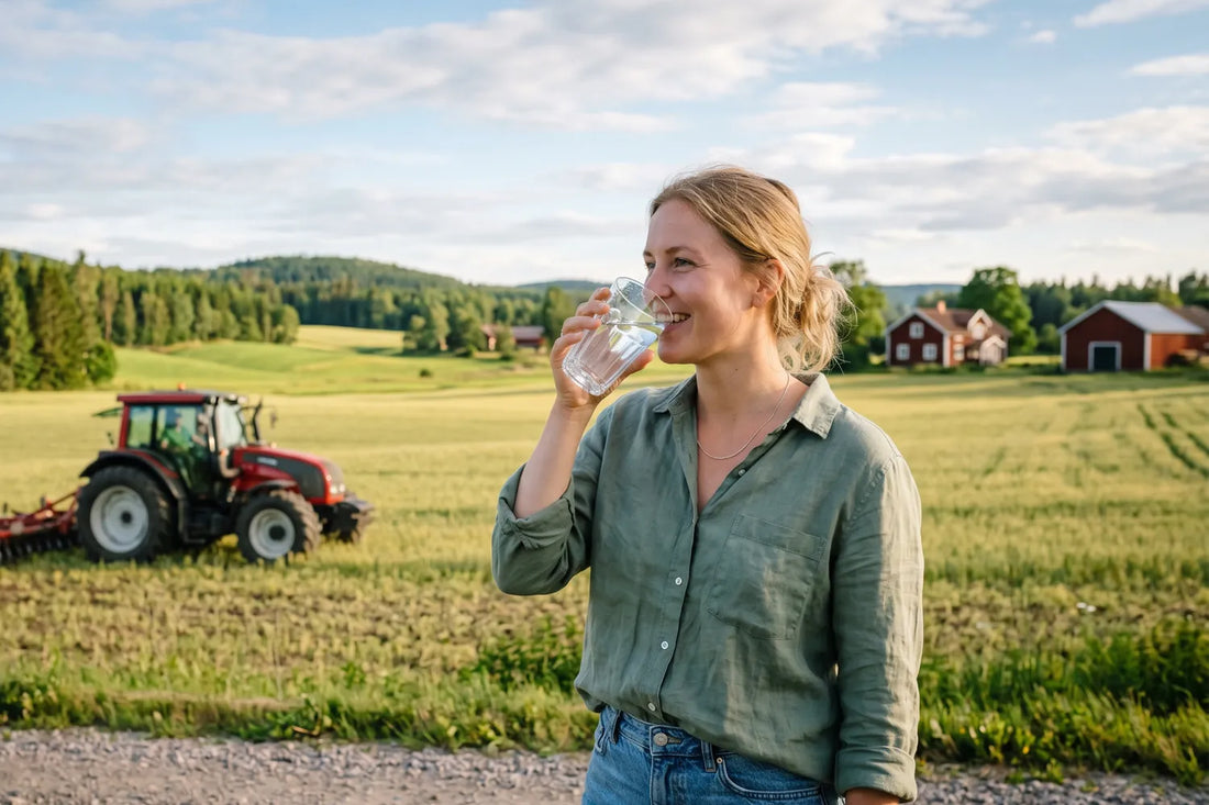 kvinna dricker vatten framför en traktor på ett fält