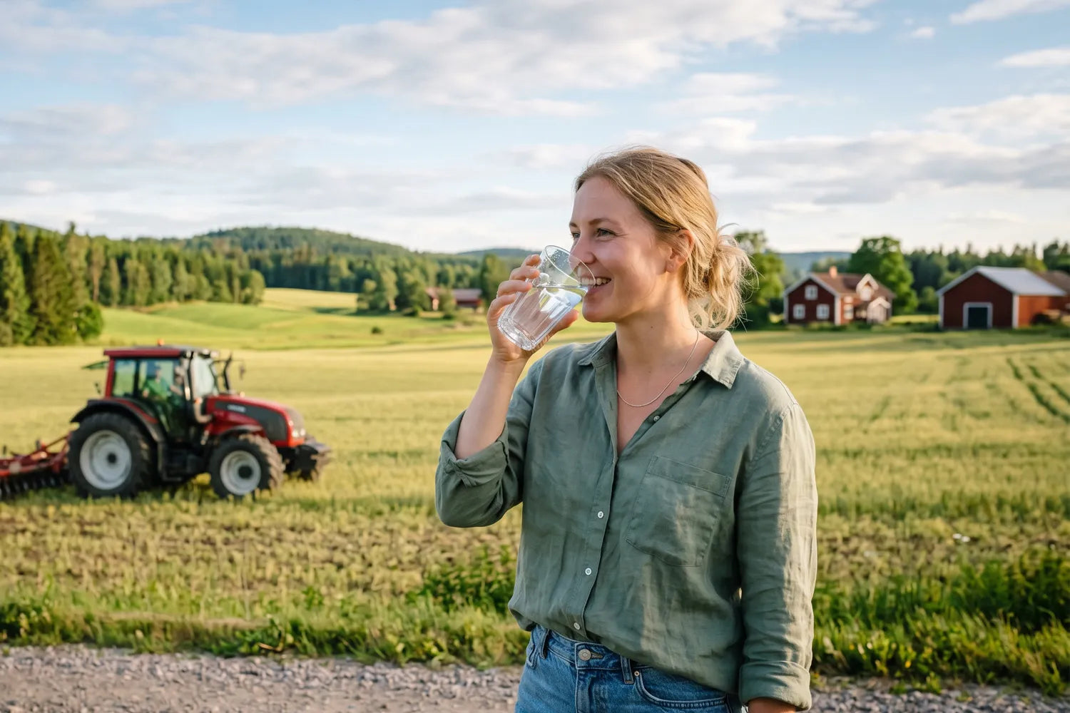 kvinna dricker vatten framför en traktor på ett fält