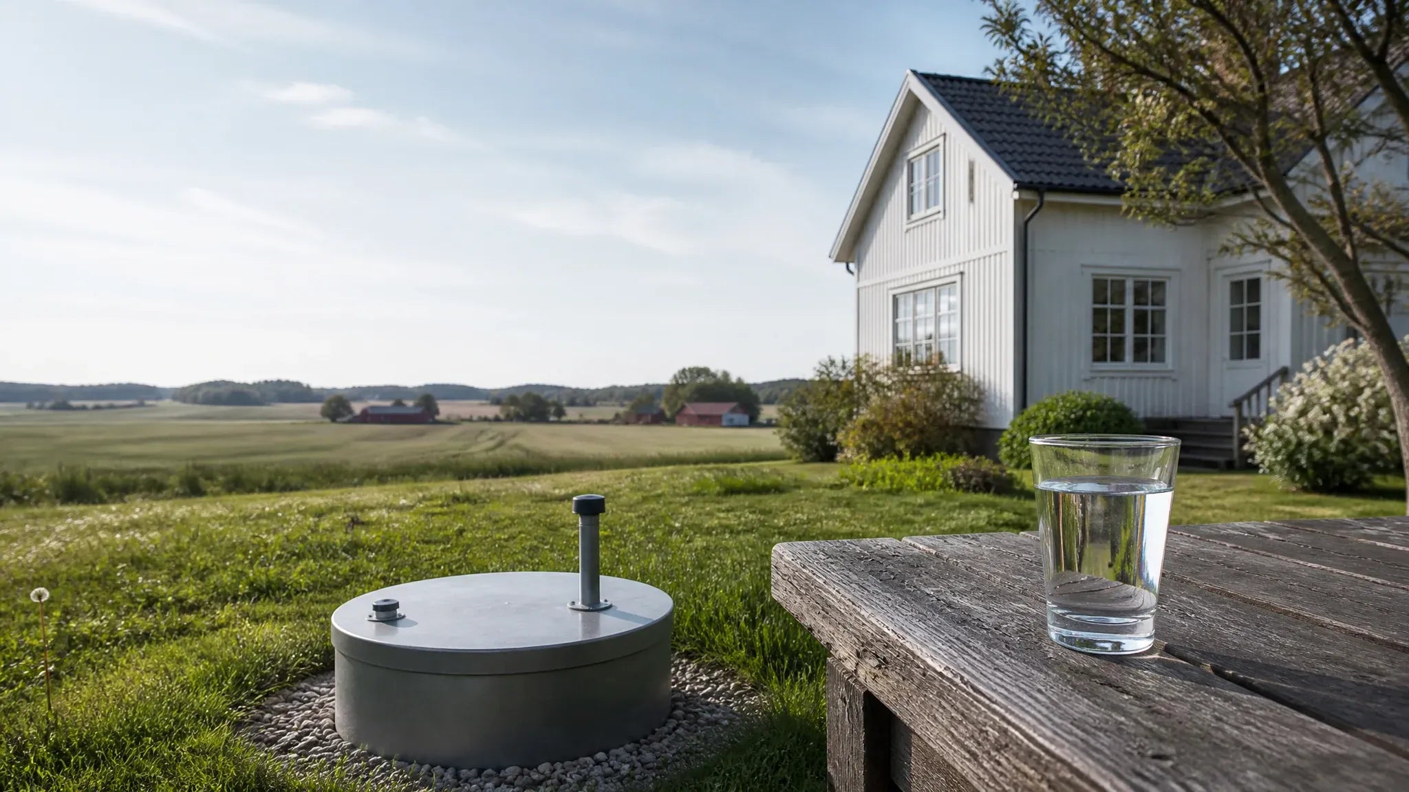 Ett glas vatten och en brunn på den svenska landsbygden