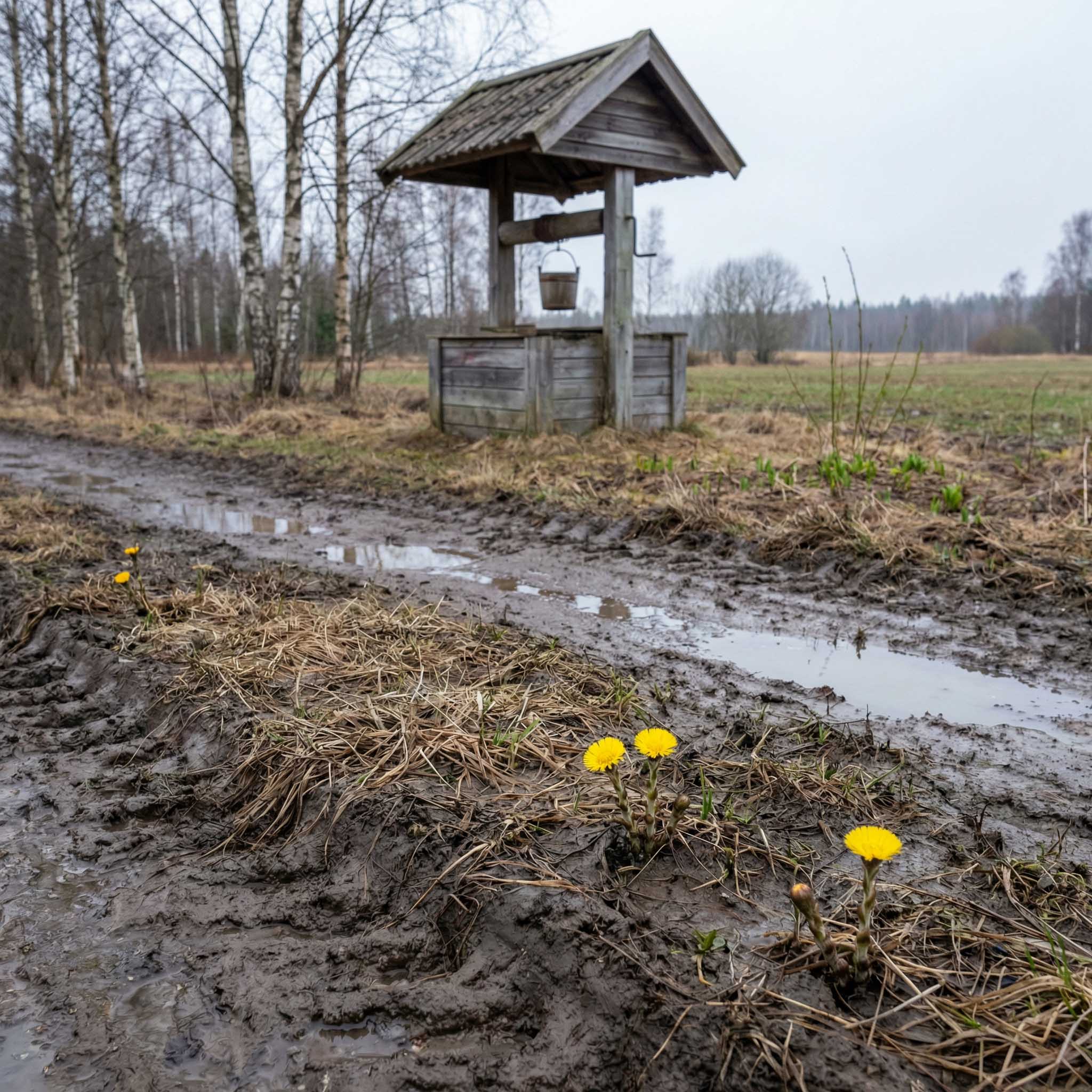 En brunn bredvid en lerig väg