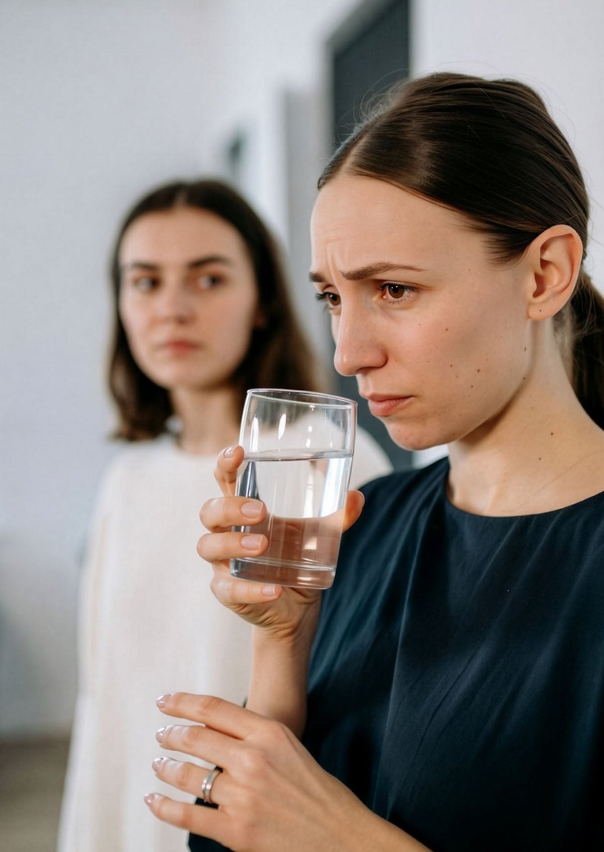 Kvinna luktar på ett glas med vatten